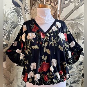 Anthropologie Black Floral Embroidered Blouse
